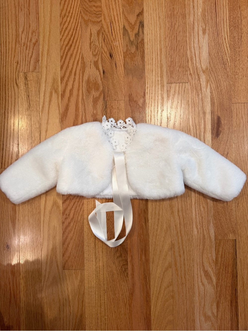 White Faux Fur Baby Bolero Jacket with Ribbon Tie